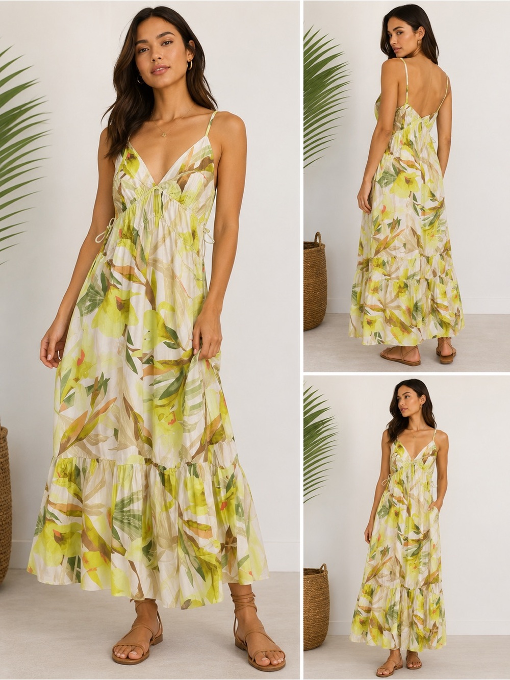 H&M Green Floral Print Spaghetti-Strap Maxi Dress